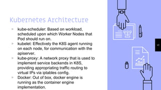 Kubernetes Architecture
▹ kube-scheduler: Based on workload,
scheduled upon which Worker Nodes that
Pod should run on.
▹ kubelet: Effectively the K8S agent running
on each node, for communication with the
apiserver.
▹ kube-proxy: A network proxy that is used to
implement service backends in K8S,
providing appropriating traffic routing to
virtual IPs via iptables config.
▹ Docker: Out of box, docker engine is
running as the container engine
implementation.
43
 