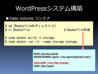 WordPressシステム構築
 Data Volume コンテナ
$ cd [Dockerfileのディレクトリ]
$ vi Dockerfile # Dockerfile作成
$ sudo docker build -t storage .
$ sudo docker run -it --name storage storage
ROM ubuntu:latest
MAINTAINER ngzm <nk.ngzm@gmail.com>
VOLUME /var/lib/mysql
CMD /bin/bash
 