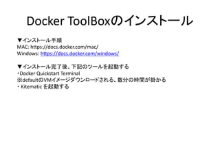 Docker ToolBoxのインストール
▼インストール手順
MAC: https://docs.docker.com/mac/
Windows: https://docs.docker.com/windows/
▼インストール完了後、下記のツールを起動する
・Docker Quickstart Terminal
※defaultのVMイメージダウンロードされる、数分の時間が掛かる
・ Kitematic を起動する
 