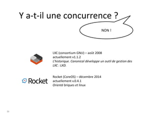 30
Y a-t-il une concurrence ?
Rocket (CoreOS) – décembre 2014
actuellement v.0.4.1
Orienté briques et linux
LXC (consortium GNU) – août 2008
actuellement v1.1.2
L’historique. Canonical développe un outil de gestion des
LXC : LXD.
NON !
 