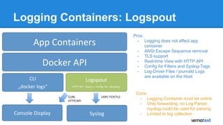 Logging Containers: Logspout
Pros:
- Logging does not affect app
container
- ANSI Escape Sequence removal
- TLS support
- ...