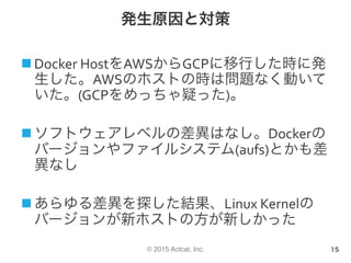© 2015 Actcat, Inc.
発生原因と対策
n Docker	HostをAWSからGCPに移行した時に発
生した。AWSのホストの時は問題なく動いて
いた。(GCPをめっちゃ疑った)。	
n ソフトウェアレベルの差異はなし。Dockerの
バージョンやファイルシステム(aufs)とかも差
異なし	
n あらゆる差異を探した結果、Linux	Kernelの	
バージョンが新ホストの方が新しかった	
15
 