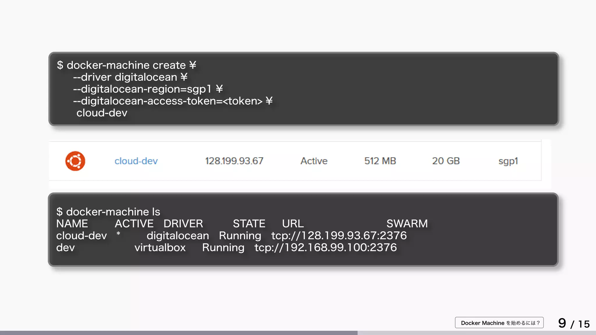Docker Machine を始めるには？
9 / 15
$ docker-machine create ¥
--driver digitalocean ¥
--digitalocean-region=sgp1 ¥
--digitalocean-access-token=<token> ¥
cloud-dev
$ docker-machine ls
NAME ACTIVE DRIVER STATE URL SWARM
cloud-dev * digitalocean Running tcp://128.199.93.67:2376
dev virtualbox Running tcp://192.168.99.100:2376
 