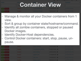 Container View
- Manage & monitor all your Docker containers from 1
view.
- Sort & group by container state/hostname/command.
- Identify all zombie containers, stopped or paused
Docker images.
- Identify Docker-Host dependencies.
- Control Docker containers: start, stop, pause, un-
pause.