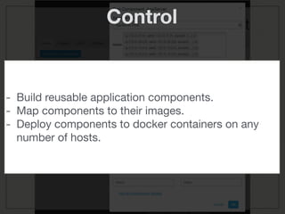 Control
- Build reusable application components.
- Map components to their images.
- Deploy components to docker containers on any
number of hosts.