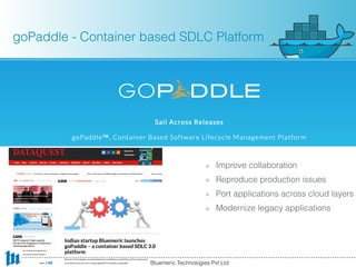 goPaddle - Container based SDLC Platform
Bluemeric Technologies Pvt Ltd
Improve collaboration
Reproduce production issues
Port applications across cloud layers
Modernize legacy applications
 