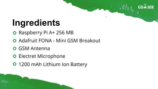 Raspberry Pi A+ 256 MB
Adafruit FONA - Mini GSM Breakout
GSM Antenna
Electret Microphone
1200 mAh Lithium Ion Battery
Ingredients
 
