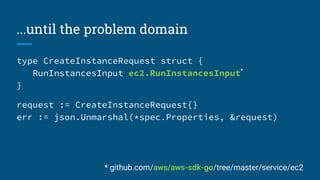 ...until the problem domain
type CreateInstanceRequest struct {
RunInstancesInput ec2.RunInstancesInput*
}
request := CreateInstanceRequest{}
err := json.Unmarshal(*spec.Properties, &request)
* github.com/aws/aws-sdk-go/tree/master/service/ec2
 