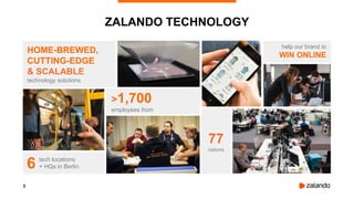 3
ZALANDO TECHNOLOGY
HOME-BREWED,
CUTTING-EDGE
& SCALABLE
technology solutions
>1,700
employees from
tech locations
+ HQs in Berlin6
77
nations
help our brand to
WIN ONLINE
 