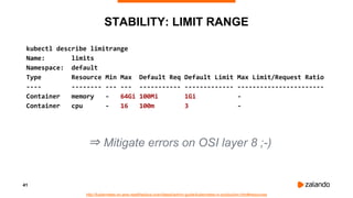 41
STABILITY: LIMIT RANGE
kubectl describe limitrange
Name: limits
Namespace: default
Type Resource Min Max Default Req Default Limit Max Limit/Request Ratio
---- -------- --- --- ----------- ------------- -----------------------
Container memory - 64Gi 100Mi 1Gi -
Container cpu - 16 100m 3 -
http://kubernetes-on-aws.readthedocs.io/en/latest/admin-guide/kubernetes-in-production.html#resources
⇒ Mitigate errors on OSI layer 8 ;-)
 