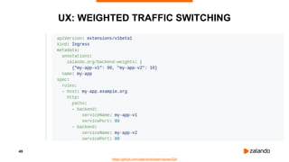 49
UX: WEIGHTED TRAFFIC SWITCHING
https://github.com/zalando/skipper/issues/324
 