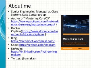 About me
• Senior Engineering Manager at Cisco
Systems Data Center group
• Author of “Mastering CoreOS”
https://www.packtpub.com/networki
ng-and-servers/mastering-coreos/ )
• Docker
Captain(https://www.docker.com/co
mmunity/docker-captains )
• Blog:
https://sreeninet.wordpress.com/
• Code: https://github.com/smakam
• Linkedin:
https://in.linkedin.com/in/sreenivas
makam
• Twitter: @srmakam
 