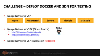 © 2016 Nokia. All rights reserved. Nuage Networks is a Nokia venture.
 Nuage Networks VSP
 Nuage Networks VSPK (Open Source)
 http://github.com/nuagenetworks
 http://nuagenetworks.github.io/
 Nuage Networks VSP Installation Required
Open Automated Secure Flexible Scalable
CHALLENGE – DEPLOY DOCKER AND SDN FOR TESTING
 