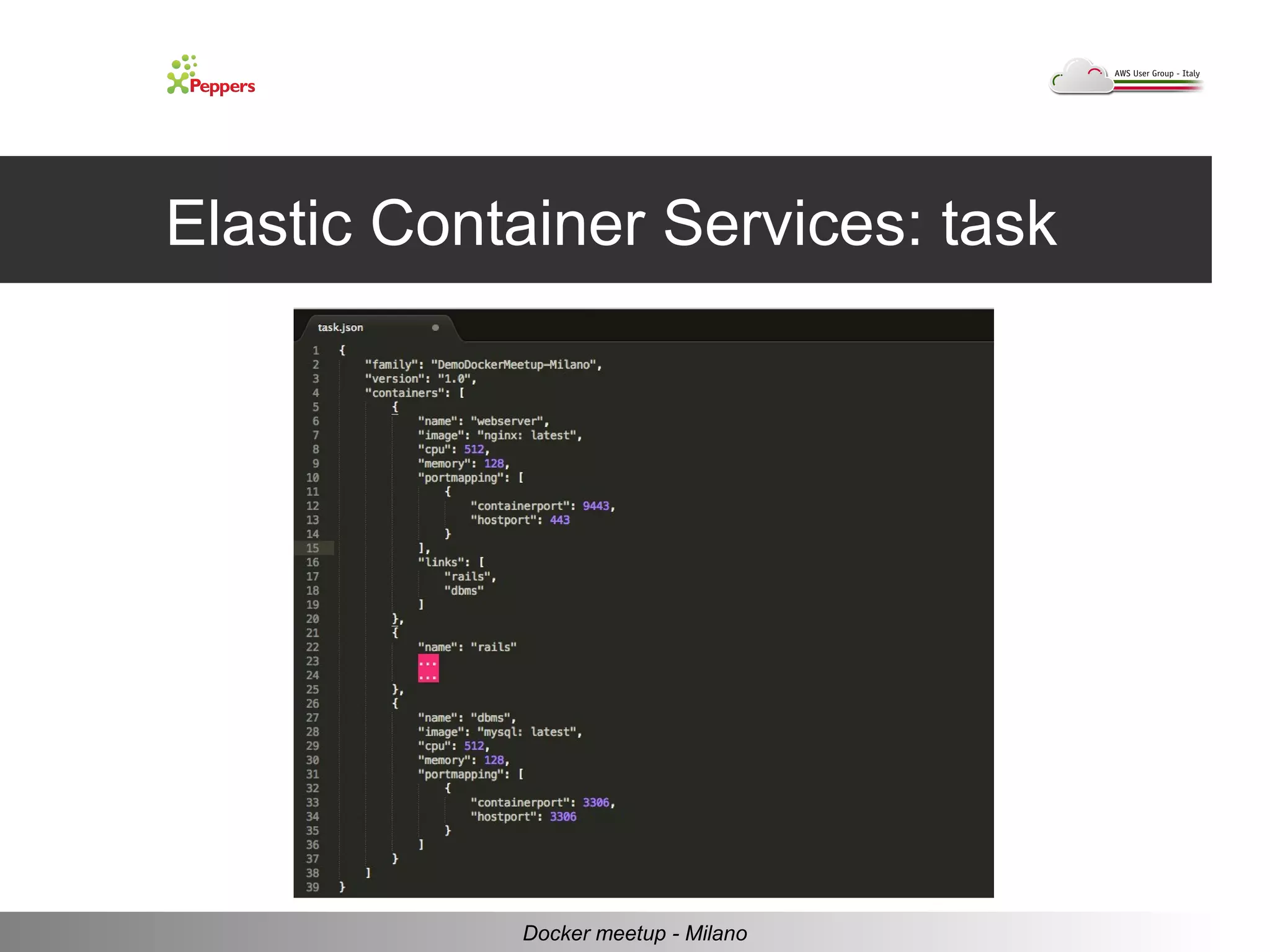 Elastic Container Services: task 
Docker meetup - Milano 
 