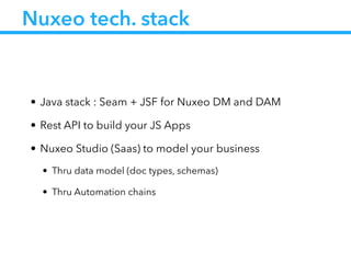 Nuxeo tech. stack
• Java stack : Seam + JSF for Nuxeo DM and DAM
• Rest API to build your JS Apps
• Nuxeo Studio (Saas) to model your business
• Thru data model (doc types, schemas)
• Thru Automation chains
 