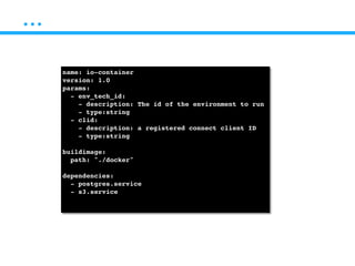 …
name: io-container!
version: 1.0!
params:!
- env_tech_id: !
- description: The id of the environment to run!
- type:string!
- clid:!
- description: a registered connect client ID!
- type:string!
!
buildimage:!
path: "./docker"!
!
dependencies:!
- postgres.service!
- s3.service!
!
 