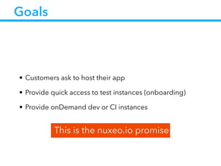 Goals
• Customers ask to host their app
• Provide quick access to test instances (onboarding)
• Provide onDemand dev or CI instances
This is the nuxeo.io promise
 