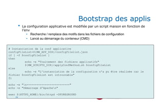 Retour d'expérience sur la mise en place d'OpenShift à La Poste - 27/06/2017
Bootstrap des applis
• La configuration appli...