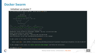 |
Docker Swarm
Mai 2018Meetup Docker Geneva : Orchestrators 17
Initialiser un cluster ?
 