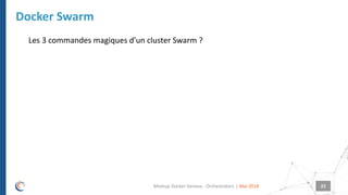 |
Docker Swarm
Mai 2018Meetup Docker Geneva : Orchestrators 22
Les 3 commandes magiques d’un cluster Swarm ?
 