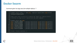 |
Docker Swarm
Mai 2018Meetup Docker Geneva : Orchestrators 35
Comment gérer les logs avec de multiple réplicas ?
Les drivers de logs :
• Par défaut, le log driver "json-file" sera utilisé.
• gelf
• splunk
• graylog
• syslog
• Journald
• Fluend
• Awslogs
• Etwlogs
• gcplogs
• ...
 
