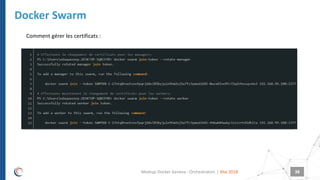 |
Docker Swarm
Mai 2018Meetup Docker Geneva : Orchestrators 38
Comment gérer les certificats :
 