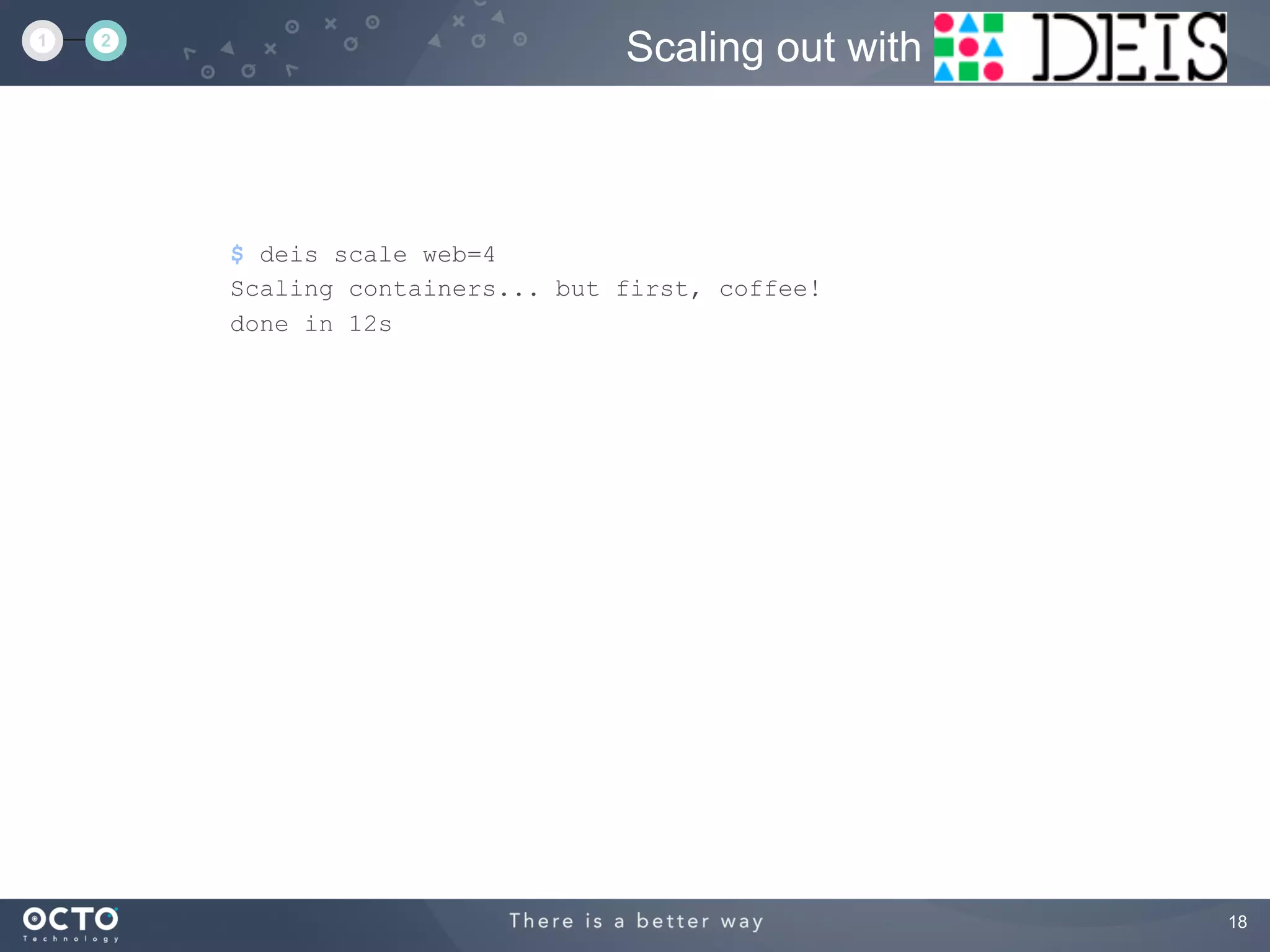 18
$ deis scale web=4
Scaling containers... but first, coffee!
done in 12s
Scaling out with1 2
 