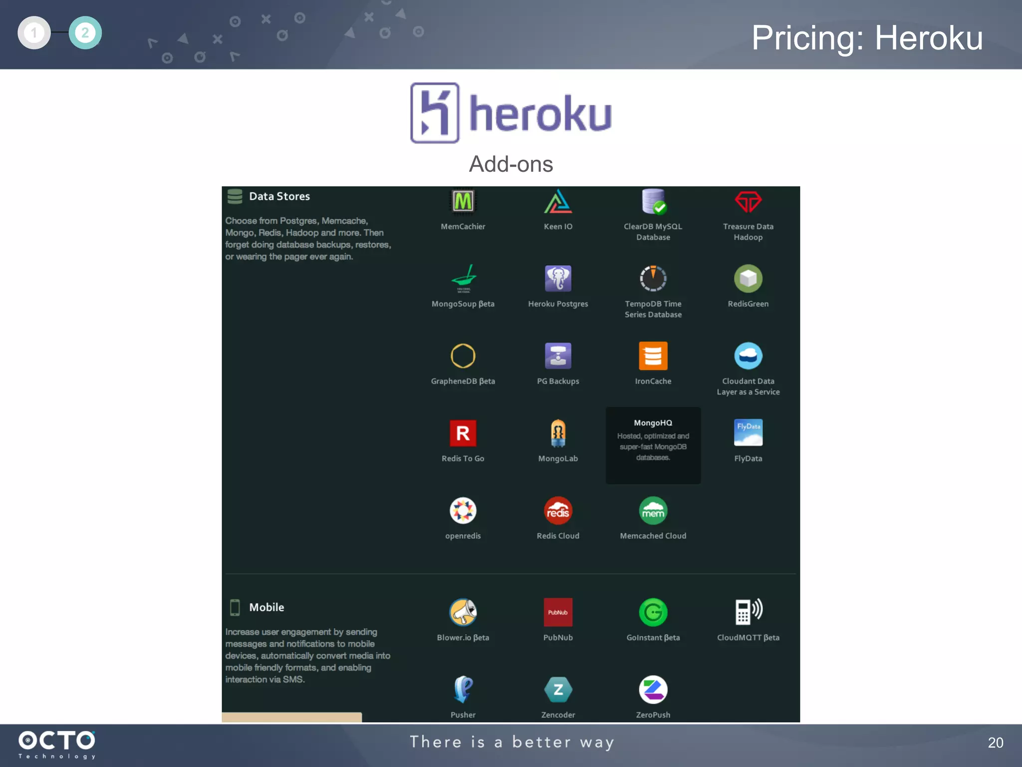 20
Pricing: Heroku
Add-ons
1 2
 