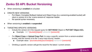 ● When versioning is enabled on a bucket:
● CREATE NEW VERSIONS:
○ Put Object, Complete Multipart Upload and Object Copy (to a versioning-enabled bucket) will
return a version id in the ‘x-amz-version-id’ response header.
○ No special syntax necessary.
● When versioning is enabled or suspended:
● TARGETING SPECIFIC VERSIONS:
○ Include the version id in the request query for GET/HEAD Object or PUT/GET Object ACL
■ Example: `GET [bucket]/[object]?versionId=[versionId]`
○ For Object Copy or Upload Copy Part, to copy a specific version from a version-enabled
bucket, add the version id to the ‘x-amz-copy-source’ header:
■ Example value: `[sourcebucket]/[sourceobject]?versionId=[versionId]`
○ Omitting a specific version will get the result for the latest / current version.
Zenko S3 API: Bucket Versioning
 