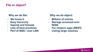 50
File or object?
Why we do file:
- We know it
- Easy hierarchy
- fopen() and fclose()
- Lots of best practices
- Perf of NAS / over LAN
Why we do object:
- Billions of entries
- Storage accessed over
WAN
- For modern apps (REST)
- Listing large volumes
 