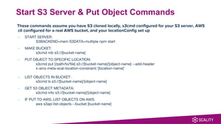 These commands assume you have S3 cloned locally, s3cmd configured for your S3 server, AWS
cli configured for a real AWS bucket, and your locationConfig set up
- START SERVER:
S3BACKEND=mem S3DATA=multiple npm start
- MAKE BUCKET:
s3cmd mb s3://[bucket-name]
- PUT OBJECT TO SPECIFIC LOCATION:
s3cmd put [/path/to/file] s3://[bucket-name]/[object-name] --add-header
x-amz-meta-scal-location-constraint:‘[location-name]’
- LIST OBJECTS IN BUCKET:
s3cmd ls s3://[bucket-name]/[object-name]
- GET S3 OBJECT METADATA:
s3cmd info s3://[bucket-name]/[object-name]
- IF PUT TO AWS, LIST OBJECTS ON AWS:
aws s3api list-objects --bucket [bucket-name]
Start S3 Server & Put Object Commands
 