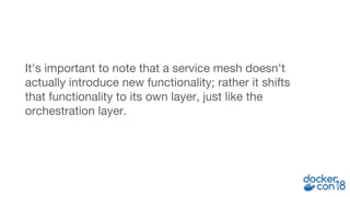 It's important to note that a service mesh doesn't
actually introduce new functionality; rather it shifts
that functionality to its own layer, just like the
orchestration layer.
 
