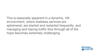 This is especially apparent in a dynamic, HA
environment, where stateless services are
ephemeral, are started and restarted frequently, and
managing and tracing traffic flow through all of the
hops becomes extremely challenging.
 