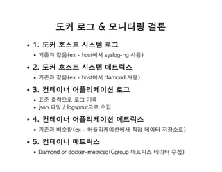 도커 로그 & 모니터링 결론
1. 도커 호스트 시스템 로그
기존과 같음(ex - host에서 syslog-ng 사용)
2. 도커 호스트 시스템 메트릭스
기존과 같음(ex - host에서 diamond 사용)
3. 컨테이너 어플리케이션 로그
표준 출력으로 로그 기록
json 파일 / logspout으로 수집
4. 컨테이너 어플리케이션 메트릭스
기존과 비슷함(ex - 어플리케이션에서 직접 데이터 저장소로)
5. 컨테이너 메트릭스
Diamond or docker-metricsd(Cgroup 메트릭스 데이터 수집)
 