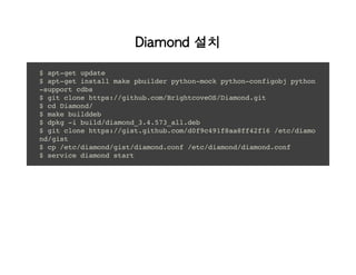 Diamond 설치
$ apt-get update
$ apt-get install make pbuilder python-mock python-configobj python
-support cdbs
$ git clone https://github.com/BrightcoveOS/Diamond.git
$ cd Diamond/
$ make builddeb
$ dpkg -i build/diamond_3.4.573_all.deb
$ git clone https://gist.github.com/d0f9c491f8aa8ff42f16 /etc/diamo
nd/gist
$ cp /etc/diamond/gist/diamond.conf /etc/diamond/diamond.conf
$ service diamond start
 