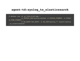 agent-td:syslog_to_elasticsearch
$ docker run -d -p 5140:5140/udp 
-e SYSLOG_TAG=syslog.system -e SYSLOG_FORMAT= -e SYSLO
G_TIME_FORMAT= 
-e ES_HOST=<ES_HOST> -e ES_TAG=syslog.** nacyot/syslog
_to_elasticsearch
 