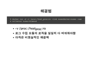 해결법
$ docker run -d -v /proc:/host_proc:ro -link nuxeoServer:nuxeo -nam
e collector nuxeo/diamond
-v /proc:/hostproc:ro
로그 수집 모듈의 로직을 일일히 다 바꿔줘야함
아직은 비현실적인 해결책
 