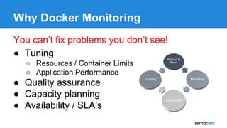 Why Docker Monitoring
You can’t fix problems you don’t see!
● Tuning
○ Resources / Container Limits
○ Application Performa...