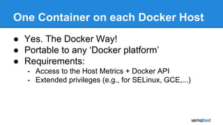 One Container on each Docker Host
● Yes. The Docker Way!
● Portable to any ‘Docker platform’
● Requirements:
- Access to t...