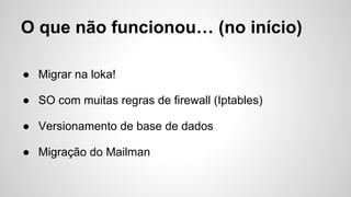 Dependências (bibliotecas)
Pacotes .deb, .rpm, etc.
● Dependências controladas pela SO
● "Versões" empacotadas
● Atualizações de Segurança pelo SO
● Controlado pelo SO
● Atualização das versões das bibliotecas + complexas
 