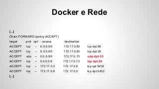 Docker e Rede
[...]
Chain FORWARD (policy ACCEPT)
target prot opt source destination
ACCEPT tcp -- 0.0.0.0/0 172.17.0.83 tcp dpt:80
ACCEPT tcp -- 0.0.0.0/0 172.17.0.83 tcp dpt:25
ACCEPT udp -- 0.0.0.0/0 172.17.0.73 udp dpt:53
ACCEPT tcp -- 0.0.0.0/0 172.17.0.73 tcp dpt:53
ACCEPT tcp -- 172.17.0.2 172.17.0.6 tcp spt:5432
ACCEPT tcp -- 172.17.0.6 172.17.0.2 tcp dpt:5432
[...]
 