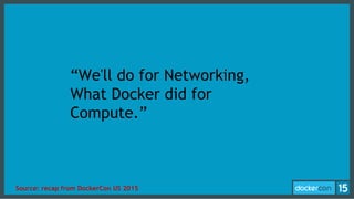 “We'll do for Networking,
What Docker did for
Compute.”
Source: recap from DockerCon US 2015
 