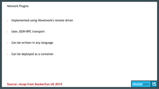 Network Plugins
•  Implemented using libnetwork's remote driver
•  Uses JSON-RPC transport
•  Can be written in any language
•  Can be deployed as a container
Source: recap from DockerCon US 2015
 