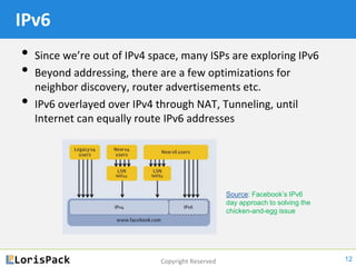 Copyright Reserved
IPv6
• Since we’re out of IPv4 space, many ISPs are exploring IPv6
• Beyond addressing, there are a few optimizations for
neighbor discovery, router advertisements etc.
• IPv6 overlayed over IPv4 through NAT, Tunneling, until
Internet can equally route IPv6 addresses
12
Source: Facebook’s IPv6
day approach to solving the
chicken-and-egg issue
 