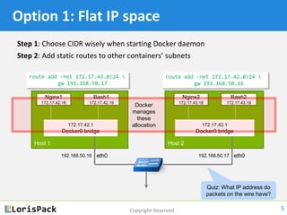 Copyright Reserved
Option 1: Flat IP space
Step 1: Choose CIDR wisely when starting Docker daemon
Step 2: Add static routes to other containers’ subnets
5
Host 1
Nginx1
172.17.42.18
Bash1
172.17.42.19
172.17.42.1
Docker0 bridge
eth0192.168.50.16
Host 2
Nginx2
172.17.43.18
Bash2
172.17.43.19
172.17.43.1
Docker0 bridge
eth0192.168.50.17
Docker
manages
these
allocation
route add -net 172.17.43.0/24 
gw 192.168.50.17
route add -net 172.17.42.0/24 
gw 192.168.50.16
Quiz: What IP address do
packets on the wire have?
NAT rules already in
place to masquerade
internal IP addresses
 