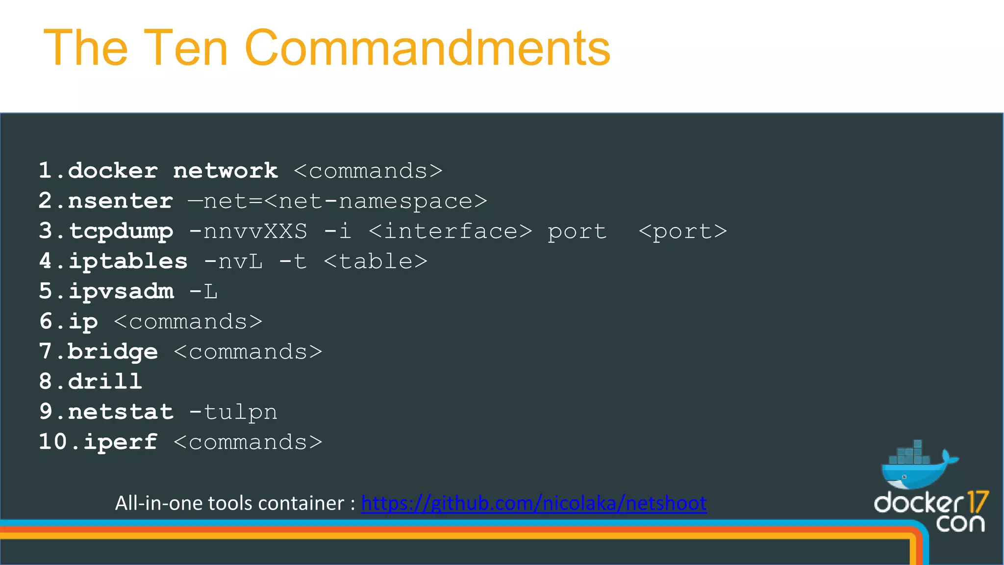 1.docker network <commands>
2.nsenter —net=<net-namespace>
3.tcpdump -nnvvXXS -i <interface> port <port>
4.iptables -nvL -t <table>
5.ipvsadm -L
6.ip <commands>
7.bridge <commands>
8.drill
9.netstat -tulpn
10.iperf <commands>
The Ten Commandments
All-in-one tools container : https://github.com/nicolaka/netshoot
 