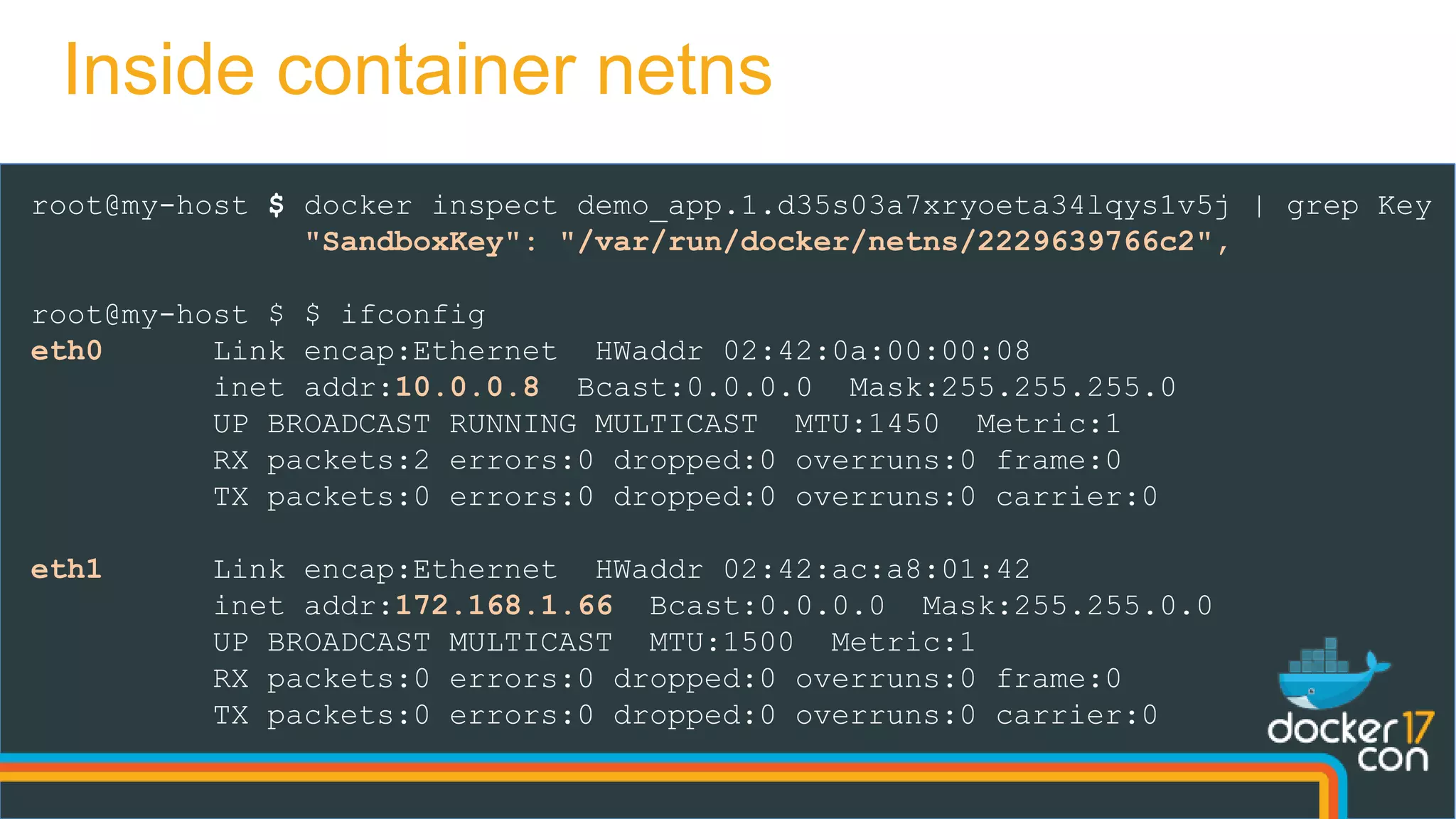 root@my-host $ docker inspect demo_app.1.d35s03a7xryoeta34lqys1v5j | grep Key
"SandboxKey": "/var/run/docker/netns/2229639766c2",
root@my-host $ $ ifconfig
eth0 Link encap:Ethernet HWaddr 02:42:0a:00:00:08
inet addr:10.0.0.8 Bcast:0.0.0.0 Mask:255.255.255.0
UP BROADCAST RUNNING MULTICAST MTU:1450 Metric:1
RX packets:2 errors:0 dropped:0 overruns:0 frame:0
TX packets:0 errors:0 dropped:0 overruns:0 carrier:0
eth1 Link encap:Ethernet HWaddr 02:42:ac:a8:01:42
inet addr:172.168.1.66 Bcast:0.0.0.0 Mask:255.255.0.0
UP BROADCAST MULTICAST MTU:1500 Metric:1
RX packets:0 errors:0 dropped:0 overruns:0 frame:0
TX packets:0 errors:0 dropped:0 overruns:0 carrier:0
Inside container netns
 