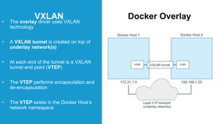 Docker Overlay• The overlay driver uses VXLAN
technology
• A VXLAN tunnel is created on top of
underlay network(s)
• At each end of the tunnel is a VXLAN
tunnel end point (VTEP)
• The VTEP performs encapsulation and
de-encapsulation
• The VTEP exists in the Docker Host’s
network namespace
VXLAN
 
