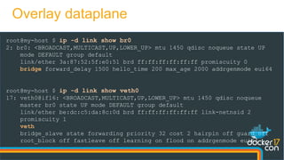 root@my-host $ ip -d link show br0
2: br0: <BROADCAST,MULTICAST,UP,LOWER_UP> mtu 1450 qdisc noqueue state UP
mode DEFAULT group default
link/ether 3a:87:52:5f:e0:51 brd ff:ff:ff:ff:ff:ff promiscuity 0
bridge forward_delay 1500 hello_time 200 max_age 2000 addrgenmode eui64
root@my-host $ ip -d link show veth0
17: veth0@if16: <BROADCAST,MULTICAST,UP,LOWER_UP> mtu 1450 qdisc noqueue
master br0 state UP mode DEFAULT group default
link/ether be:dc:c5:da:8c:0d brd ff:ff:ff:ff:ff:ff link-netnsid 2
promiscuity 1
veth
bridge_slave state forwarding priority 32 cost 2 hairpin off guard off
root_block off fastleave off learning on flood on addrgenmode eui64
Overlay dataplane
 