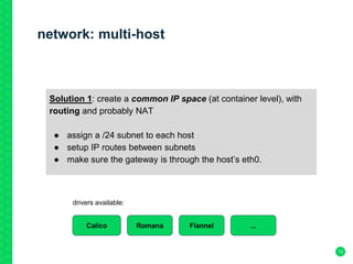 network: multi-host
13
Solution 1: create a common IP space (at container level), with
routing and probably NAT
● assign a /24 subnet to each host
● setup IP routes between subnets
● make sure the gateway is through the host’s eth0.
Calico FlannelRomana ...
drivers available:
 